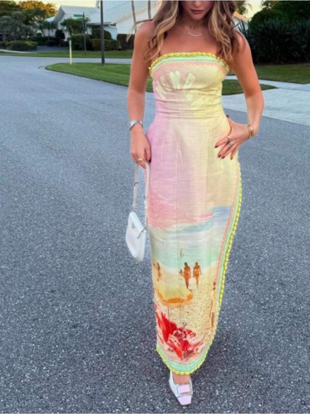 Zimmermann Strapless Pastel Beach-Print Maxi Dress in Yellow & Pink
